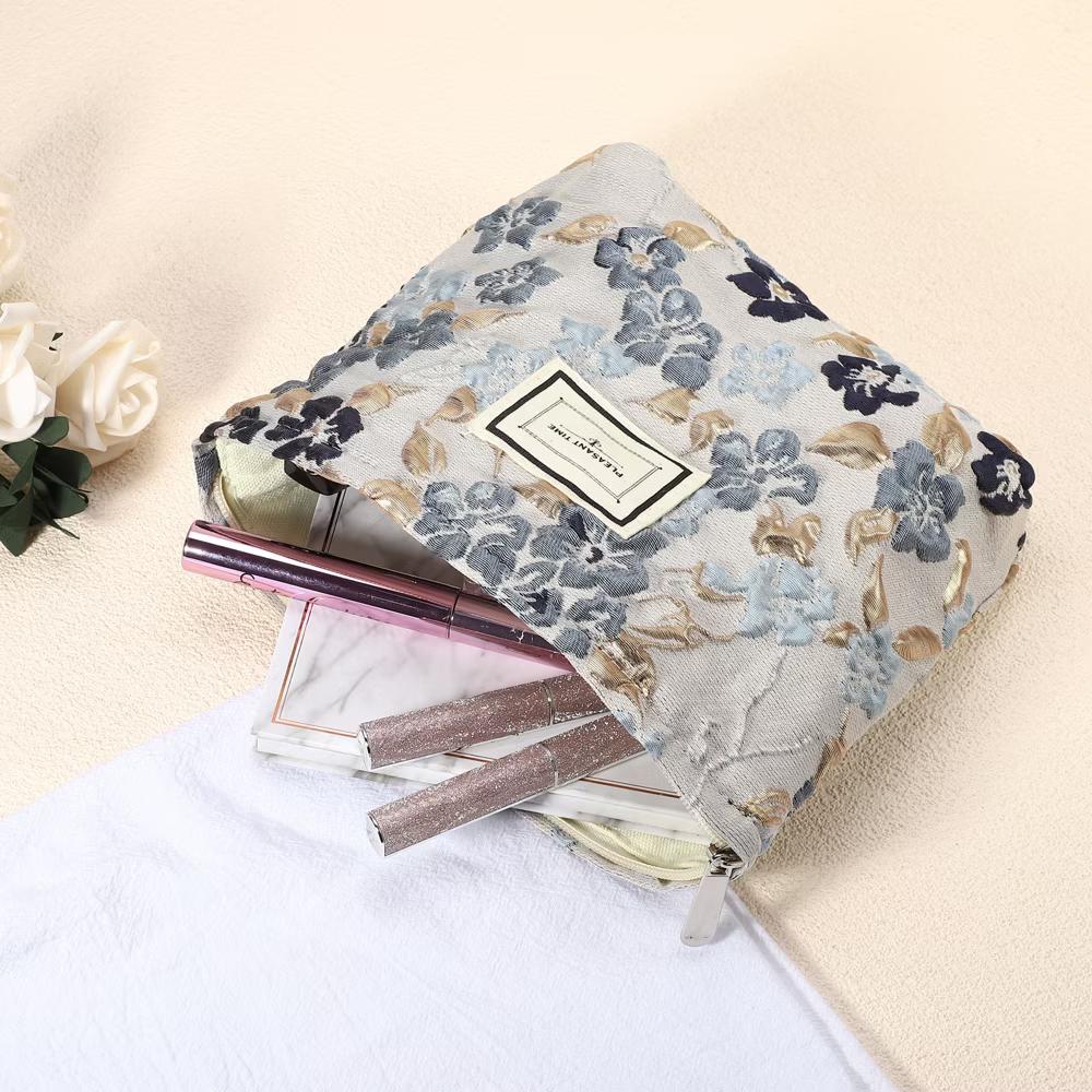 Travel Zipper Floral Makeup Bags and Organizers Gray Blue - Image 2