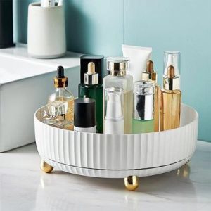 360 Degree Rotating Makeup Organizer Tray, Lazy Susan Perfume and Skincare Storage Organizer for Vanity, Dresser and Bathroom Countertop-white