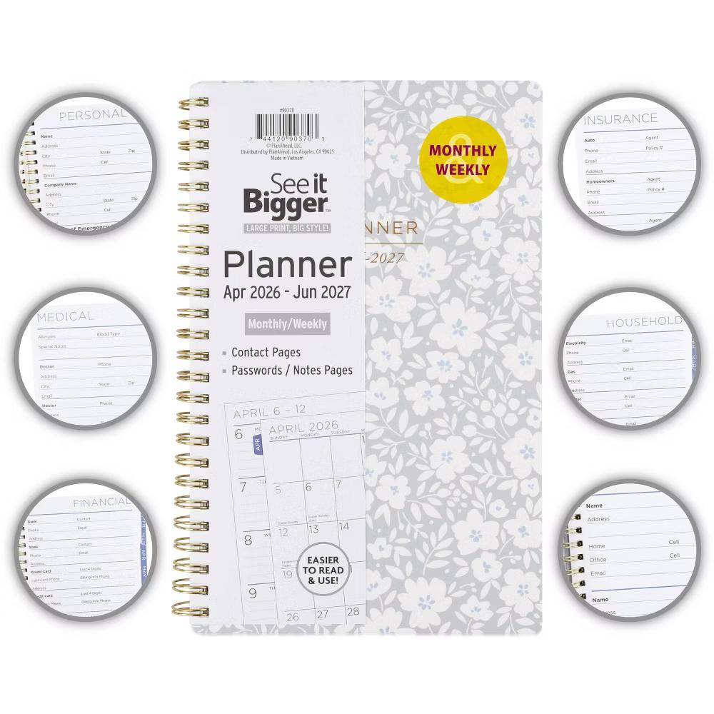 See It Bigger 5.75"x8.625" April 2026 - June 2027 Monthly/Weekly Planner Gray Floral - Image 4