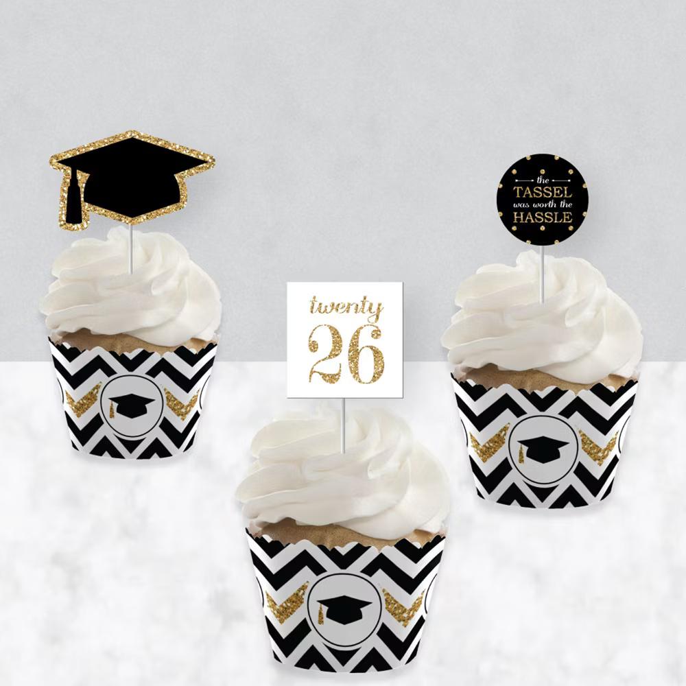 2026 Gold Graduation Cupcake Decoration - Party Cupcake Wrappers and Treat Picks Kit - Set of 24 - Image 6
