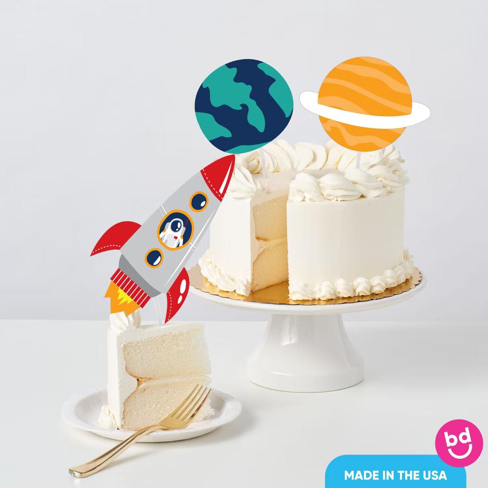 Blast Off to Outer Space Cake Topper Set, Rocket Ship Birthday Party Decorations with Planet and Space-Themed Designs – 3 Count - Image 5