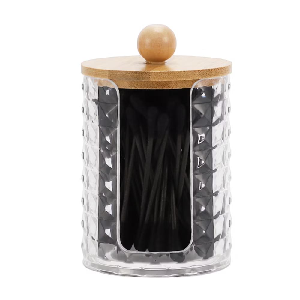 Acrylic Bamboo Wood Cotton Swab Jar for Bath Clear Wood Color 1 Pc