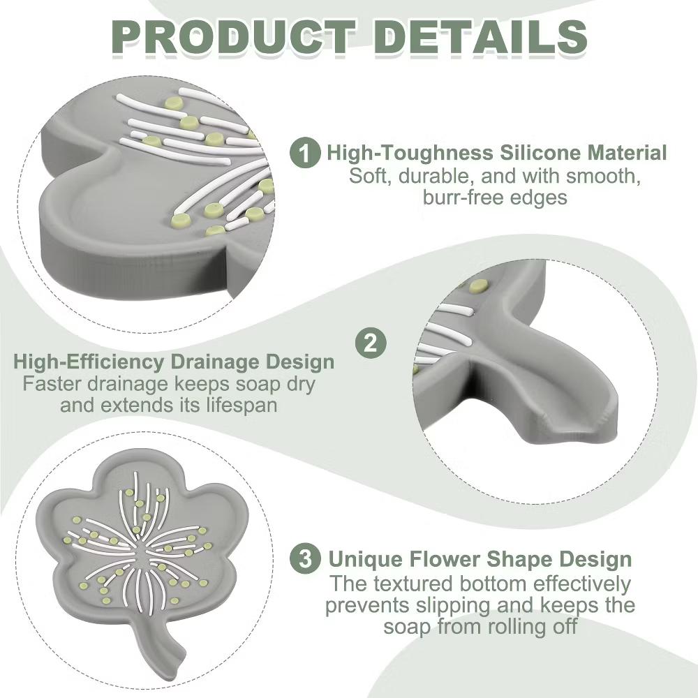 Silicone Soap Dish with Drain Spout, Portable Self Draining Flower Shape Soap Saver Holder - Image 7