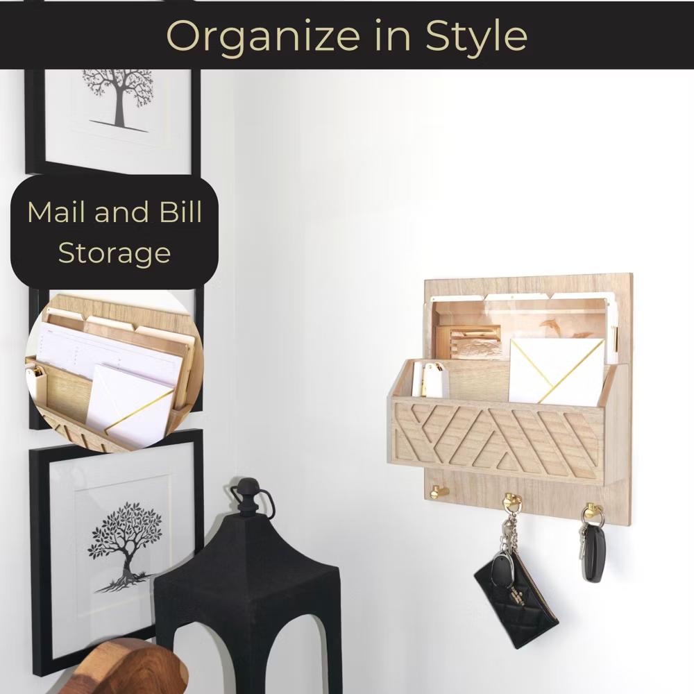 Wall Mounted Mail Organizer with 2 Slots and 3 Hooks – Multiple Finishes – MDF Wood - Image 16