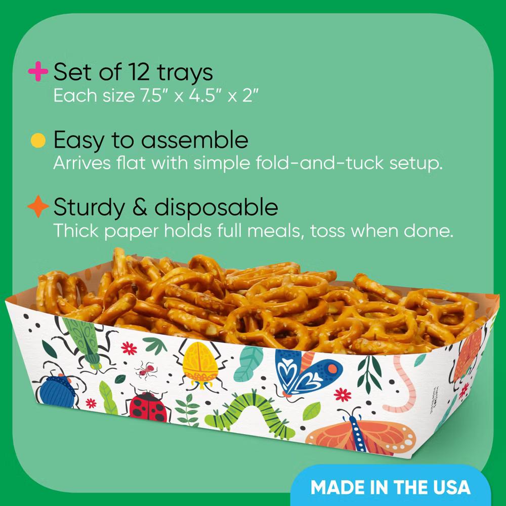 Bug Party Paper Food Trays, Disposable Food Boats, Colorful Insect Bugs Birthday Supplies Double-Sided Paper Meal Holders - 12 Ct - Image 4