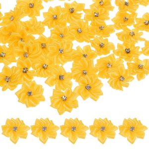 Artificial Satin Durable Flexible Decorative Mini Ribbon Flowers with Rhinestones 1.2 Inch 200 Pcs
