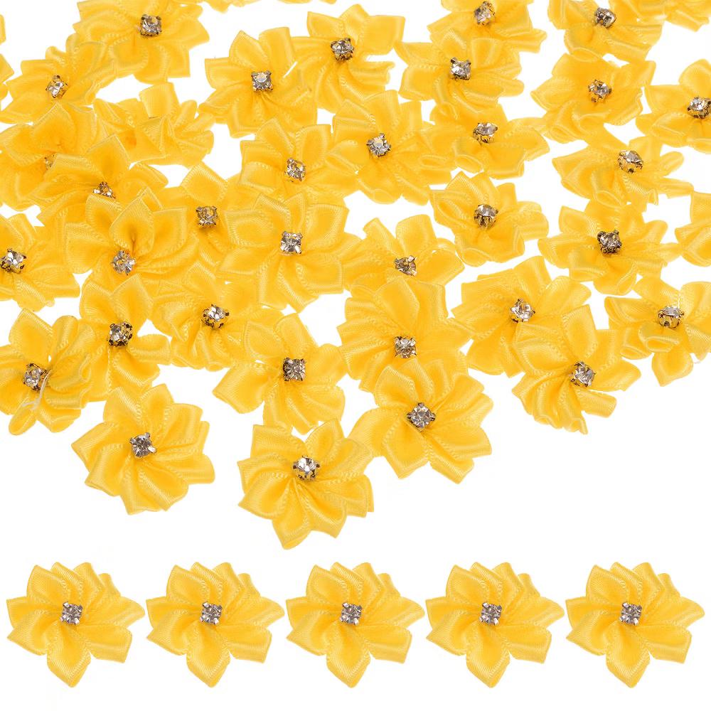 Artificial Satin Durable Flexible Decorative Mini Ribbon Flowers with Rhinestones 1.2 Inch 200 Pcs