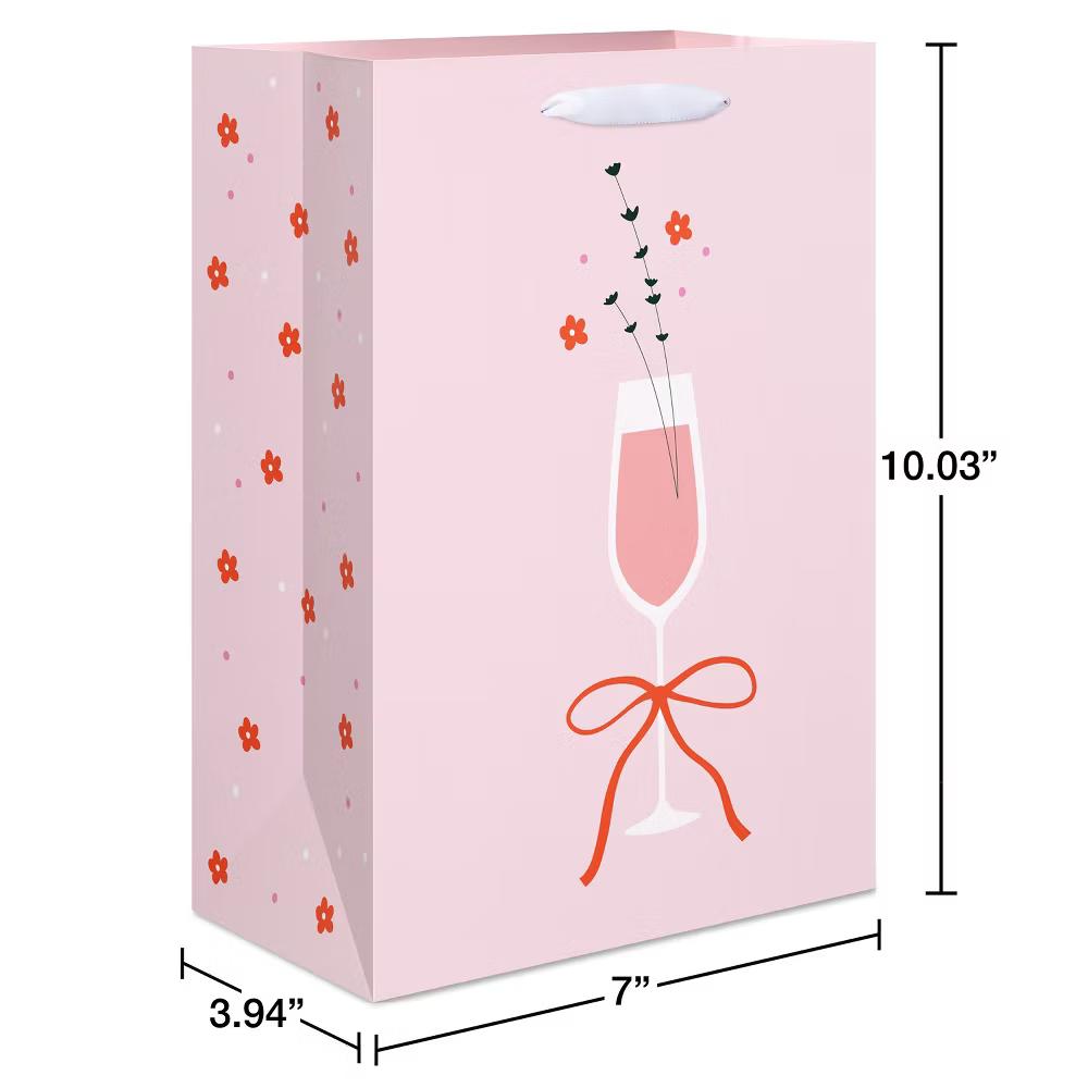 Medium Pink Birthday Gift Bag for Her, Champagne Glass and Bow 1 Bag 10"x7" - Designed by Spaghetti and Meatballs - Image 2