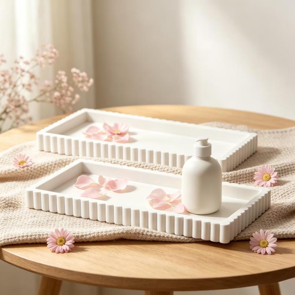 2Pc Round Silicone Vanity Tray Set Decorative Catchall Organizer for Bathroom Countertop Perfume White - Image 35