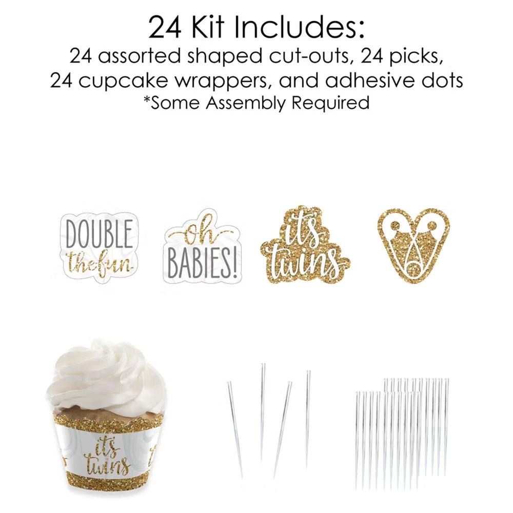 It's Twins - Cupcake Decoration - Gold Twins Baby Shower Cupcake Wrappers and Treat Picks Kit - Set of 24 - Image 2