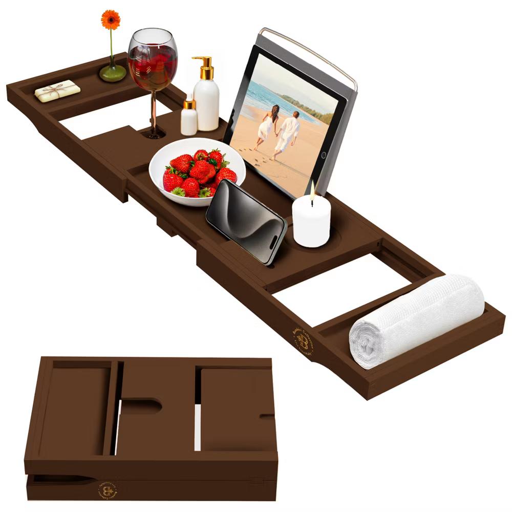 Luxury Bamboo Bathtub Tray Caddy - Brown Expandable and Foldable Non-Slip Bath Caddy with Book, Tablet, Wine Glass Holder - Unique Gift for Her or Him - Image 7