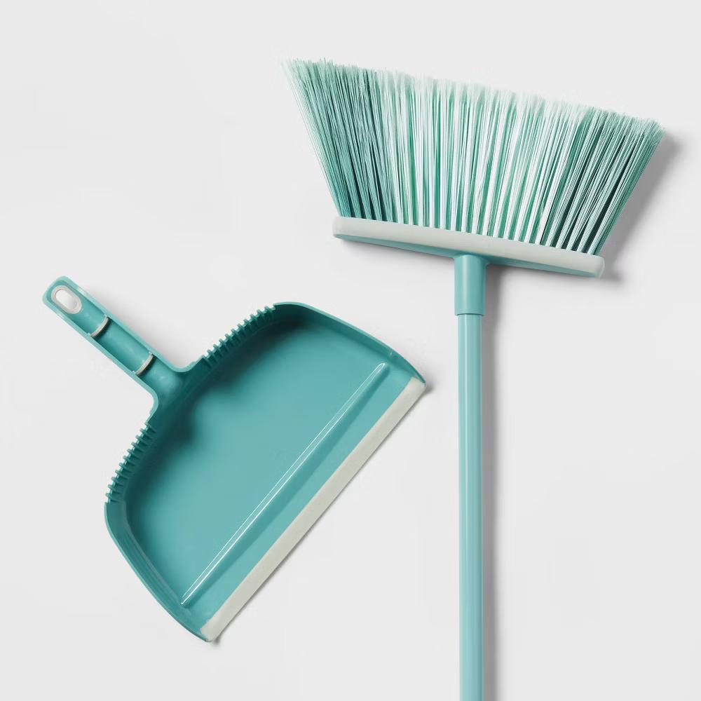 Angle Floor Broom with Clip-on Dust Pan Set - Steel Handle, Soft Grip, Hanging Loop - Image 2