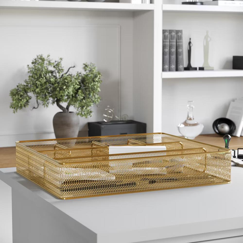 Martha Stewart Ryder Gold Mesh Metal 6 Compartment Large Desk Drawer Organizer for Accessories and Office Supplies - Image 6
