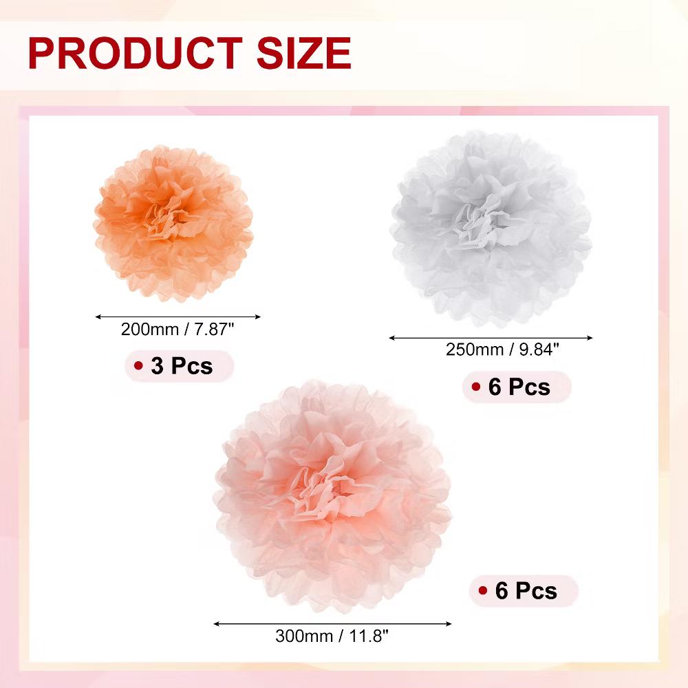 Wedding Shower Bridal Party Decoration 3 Size Paper Pom Poms Flower Ball 15 Pcs - Image 24