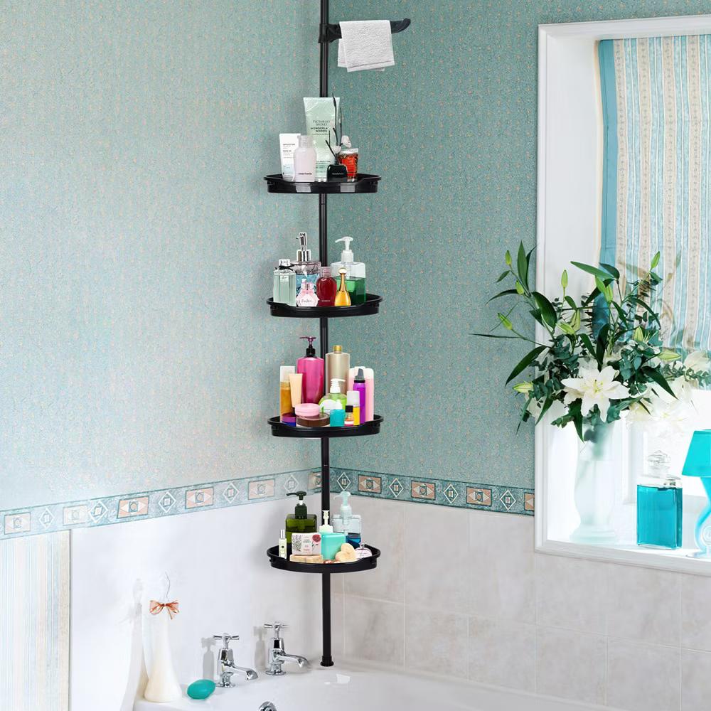 Bathroom Corner Shower Caddy Tension Pole, 4-Tier Rust-Resistant Bathroom Storage Organizer with Adjustable Shelves & Rubber Pad, 101''- 122'' Height - Image 2