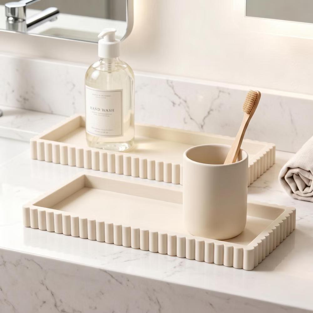 2Pc Round Silicone Vanity Tray Set Decorative Catchall Organizer for Bathroom Countertop Perfume White - Image 2