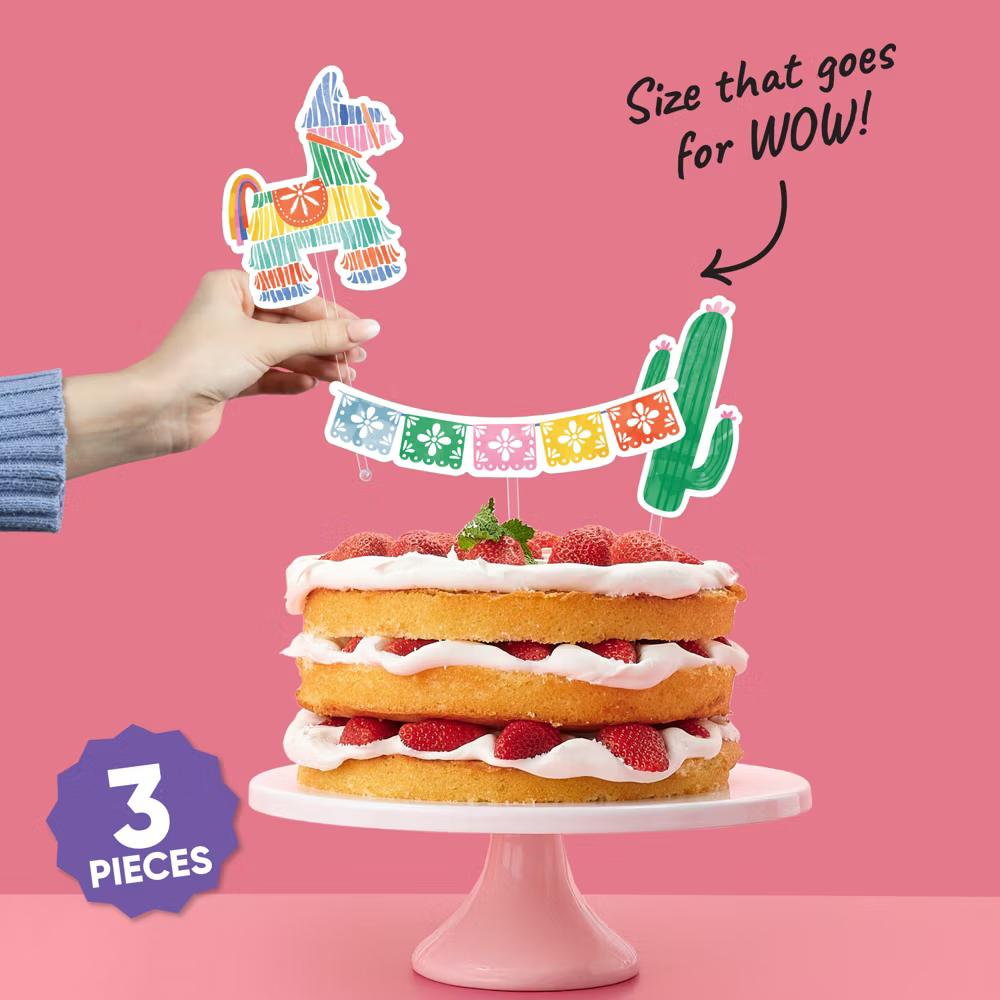 Fiesta Cake Topper Set, Mexican-Theme Birthday Party Decorations with Piñata and Cactus Designs – 3 Count - Image 4