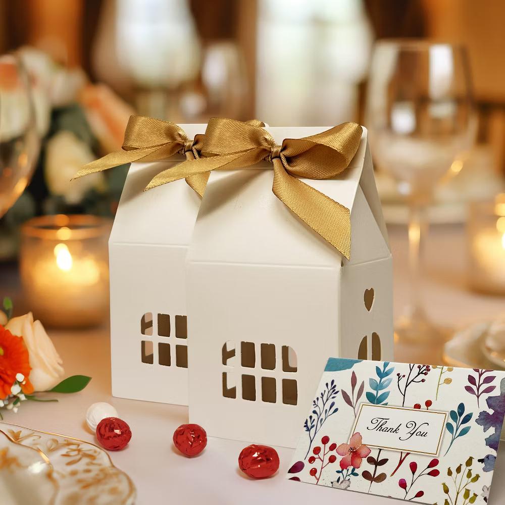 Christmas House Shaped Gift Boxes with Ribbons for Weddings, Housewarming, Cookies, Candies, Treats, Party Favors (Set of 12), White - Image 9