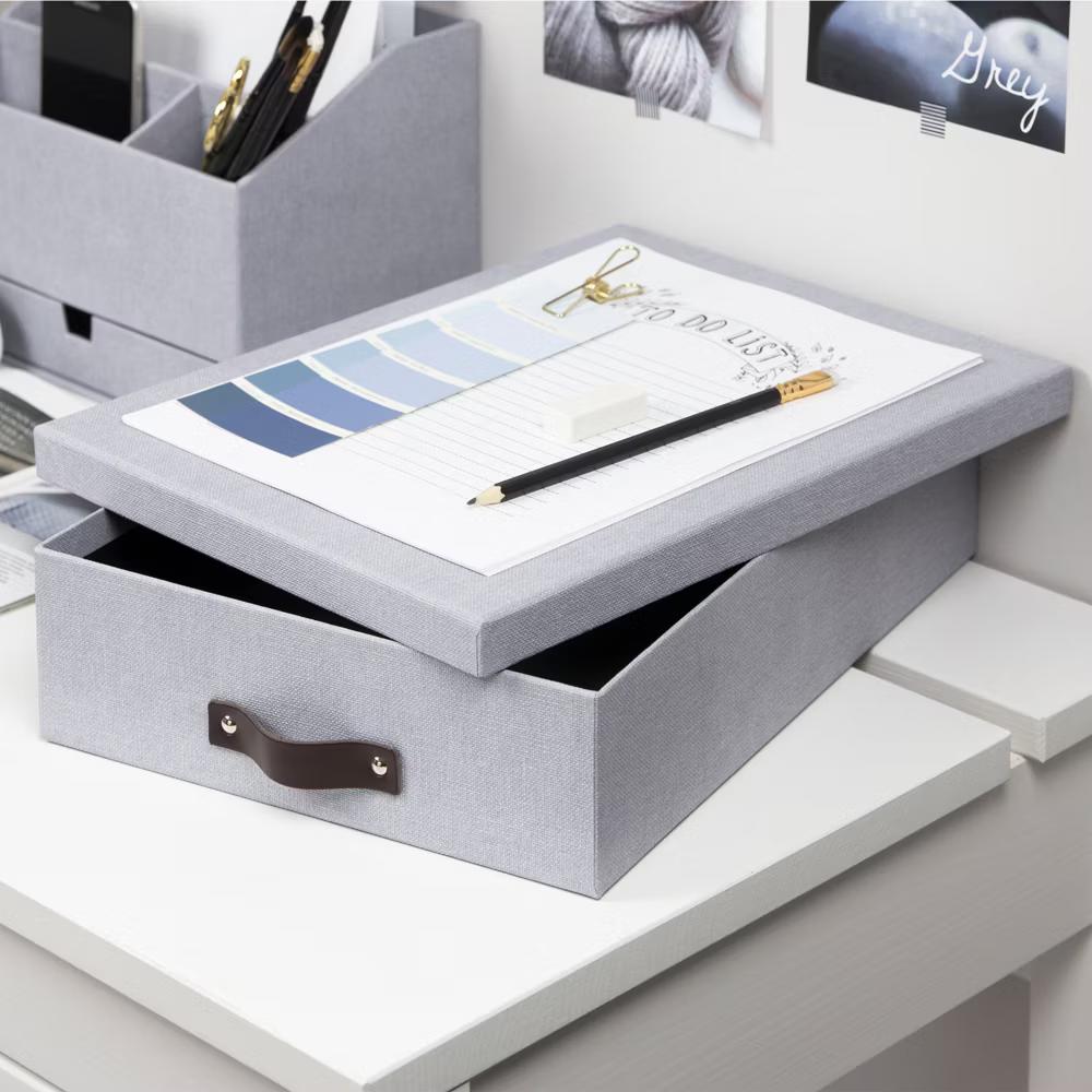 Bigso Oskar Document Letter Box with Lid and Leather Handle – Canvas Fiberboard File Organizer, 3.3" 10.2" 13.8" - Image 6