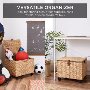 Best Choice Products Hyacinth Rolling Filing Cabinet Mobile Organizer Storage Basket w/ Lid, Locking Wheels - Natural