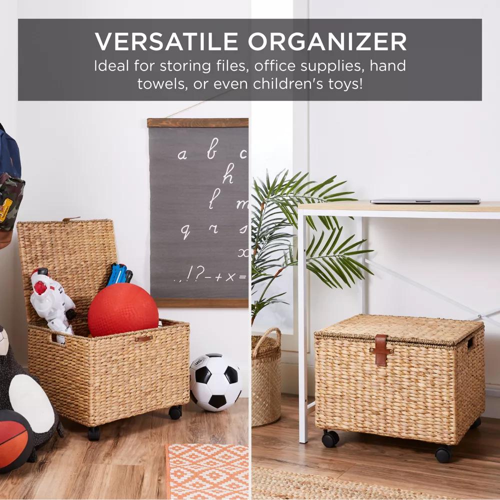 Best Choice Products Hyacinth Rolling Filing Cabinet Mobile Organizer Storage Basket w/ Lid, Locking Wheels - Natural