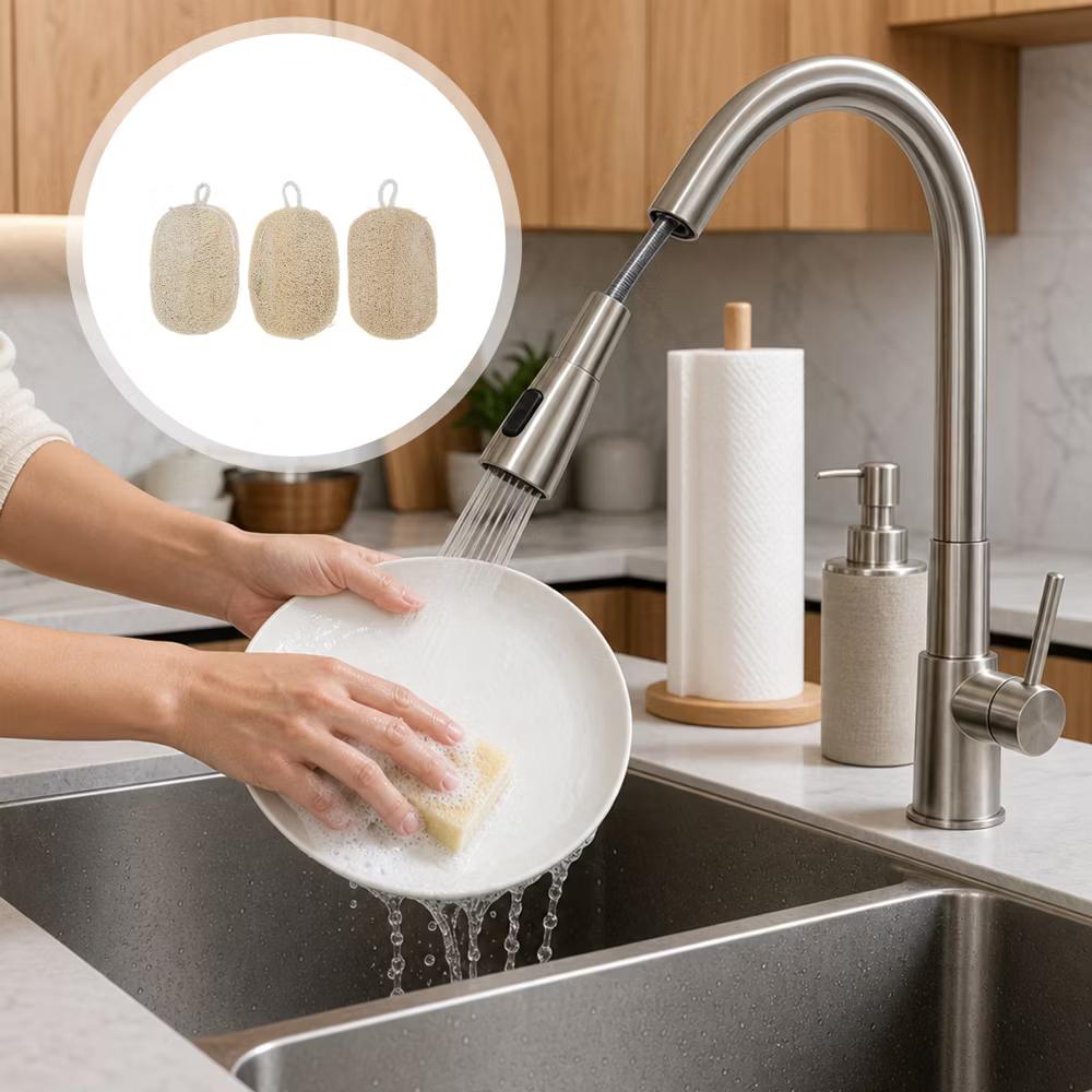Double Layer Loofah Dish Sponge with Hanging Loop 3 Pcs - Image 3