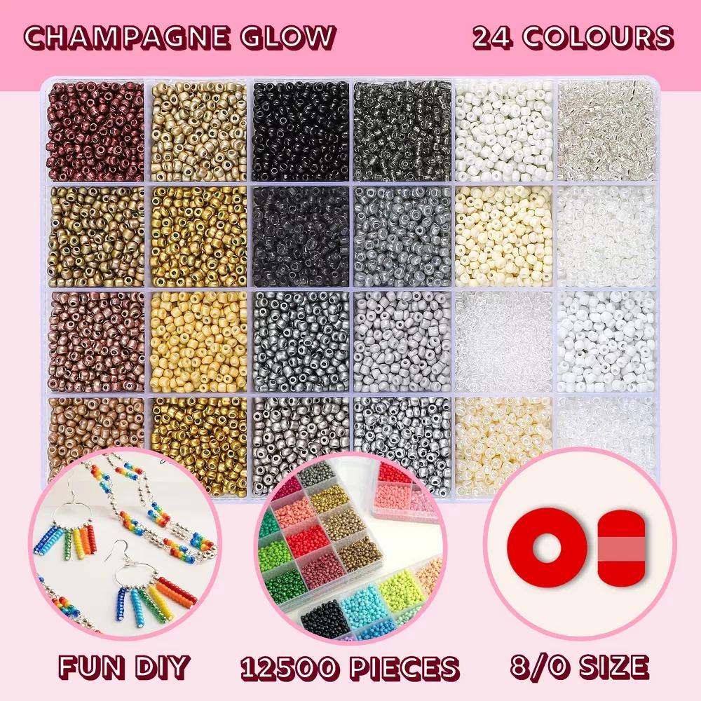 12500pcs Assorted Glass Seed Beads 8/0, 24 Colors Champagne Glow Palette Round Bead for DIY Crafts Jewelry Making Bead Box - Image 9