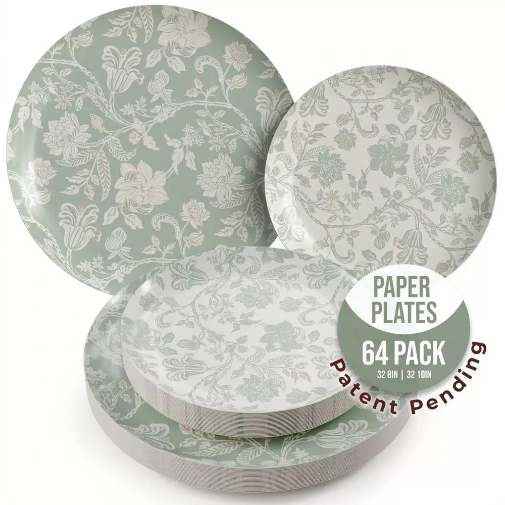 Earthtrends Floral Paper Plates Party Set for 32 Guests | Includes 32 Small 8" Dessert Plates & 32 Large 10" Dinner Disposable Plates | Gracy - Image 7