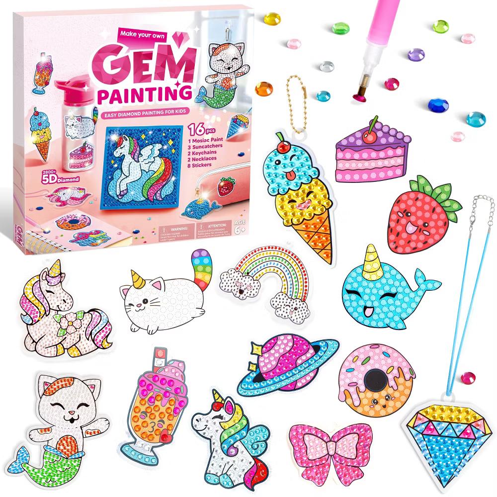 16 Pcs Gem Art Kit for Kids - 2 Styles, Diamond Painting Craft with 5D Gem, Arts & Crafts DIY Kit, Birthday Christmas Gift for Girls Ages 6-12