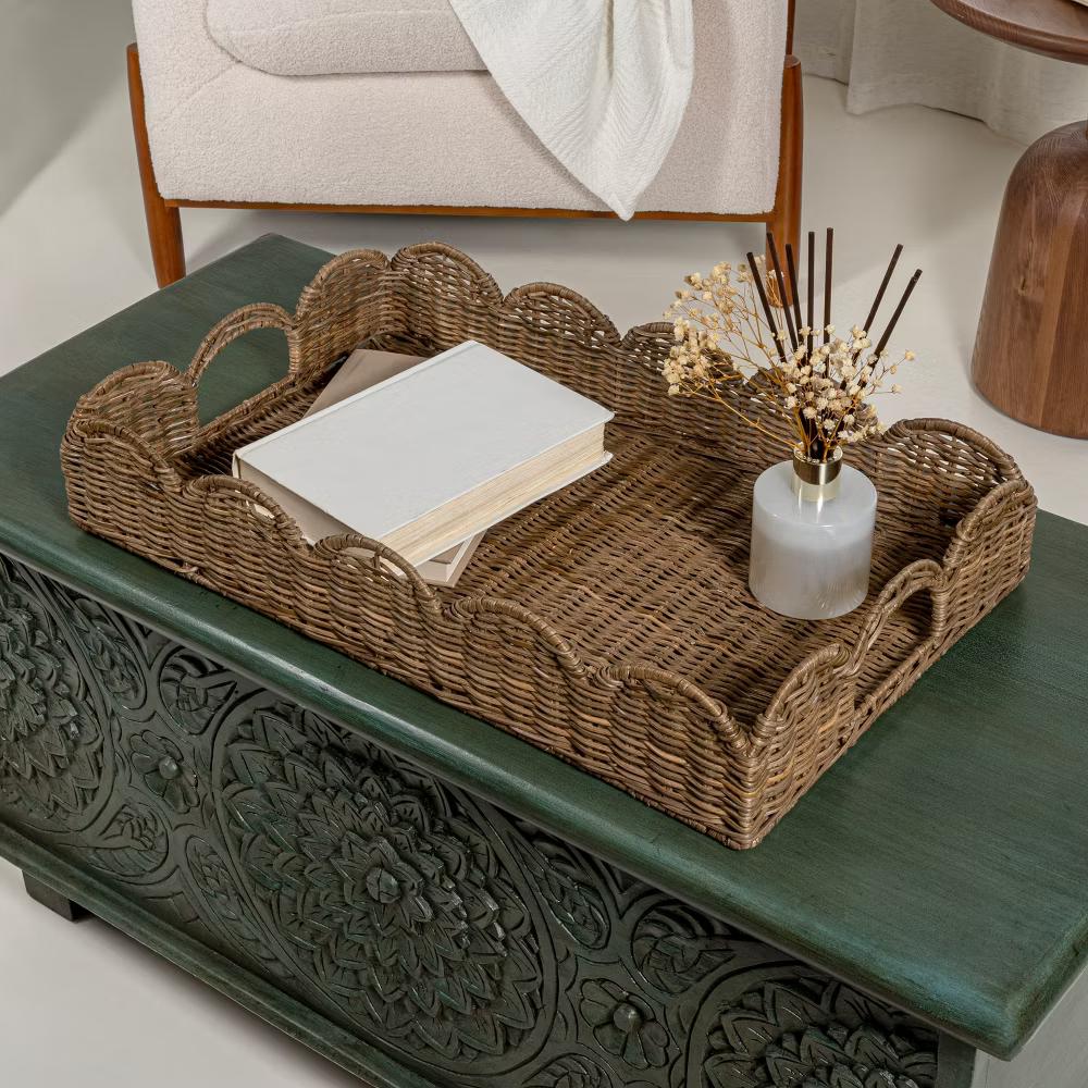 happimess Scalloped 21.5" Southwestern Cottage Hand-Woven Rattan Tray with Handles - Image 10