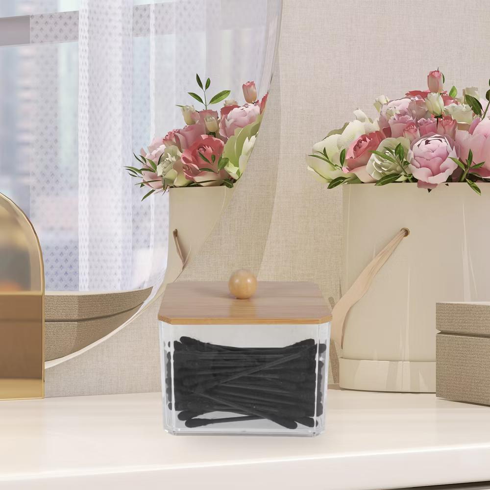 Square Bamboo Cover Acrylic Cotton Swab Holder Bathroom Transparent Wood-Tone 1 Pc - Image 10