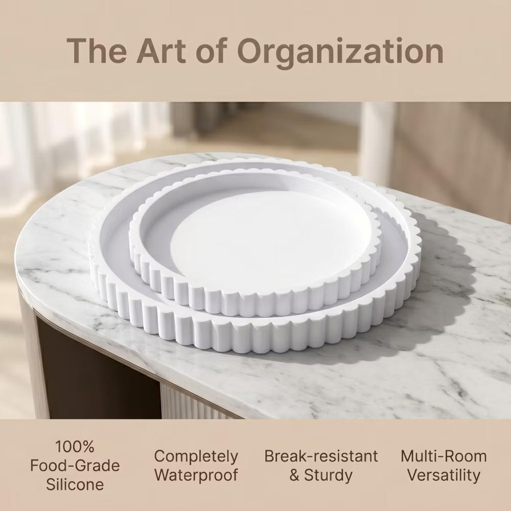 2Pc Round Silicone Vanity Tray Set Decorative Catchall Organizer for Bathroom Countertop Perfume White - Image 75