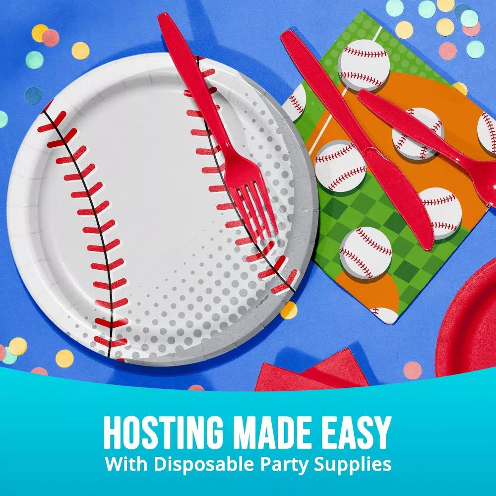 Say Hooray! Sport Spirit Red and White Baseball Party Disposable Paper Plates 9" - 32ct - Image 6