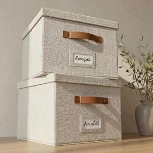 ZICOTO File Organizer Box Set of 2 – Collapsible Linen Filing Boxes with Handles & Lid