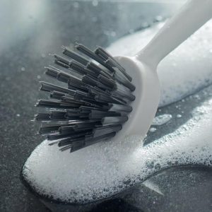 OU Cleaning Scrub Brush, Heavy Duty Cleaning Scrubber Brush for Bathroom & Kitchen, Nonslip Soft Silicone Grip Handle & Built-In Scraper