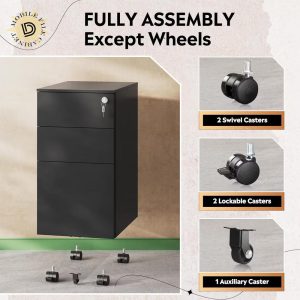DEXYLLO 3-Drawer Mobile Filing Cabinet for Home Office, 11.8" Slim Vertical File Cabinet, Space-Saving Document Organizer with Lock