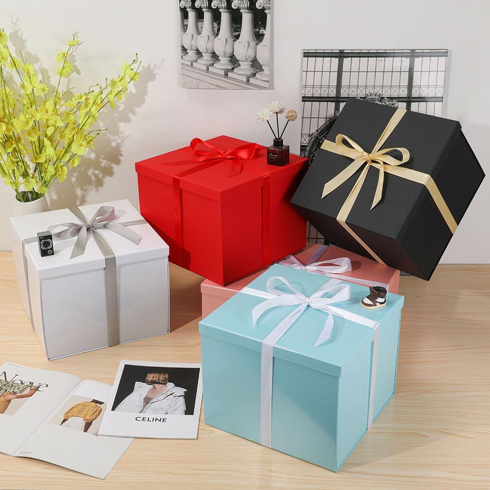Large Gift Box with Lid 12x12x10 Inches Black Gift Packaging for Birthdays Christmas Anniversaries 1 Piece with Ribbon Card - Image 2