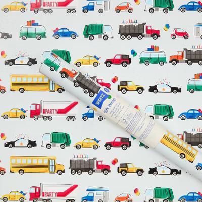 Vehicles Gift Wrapping Paper - Multicolor Sports Theme, Birthday Car Pattern, Boys Gift Wrap, 96" 30" - Image 2