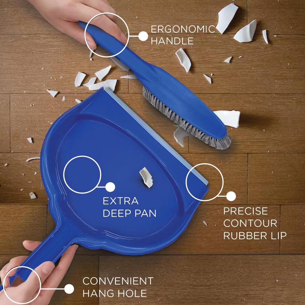 Clip On Dust Pan & Brush Set, w/ Easy Dust, Dirt & Debris Catching Rubber Lip, Flagged Fiber Bristled Brush, Hang Hole for Easy Storage - Image 2