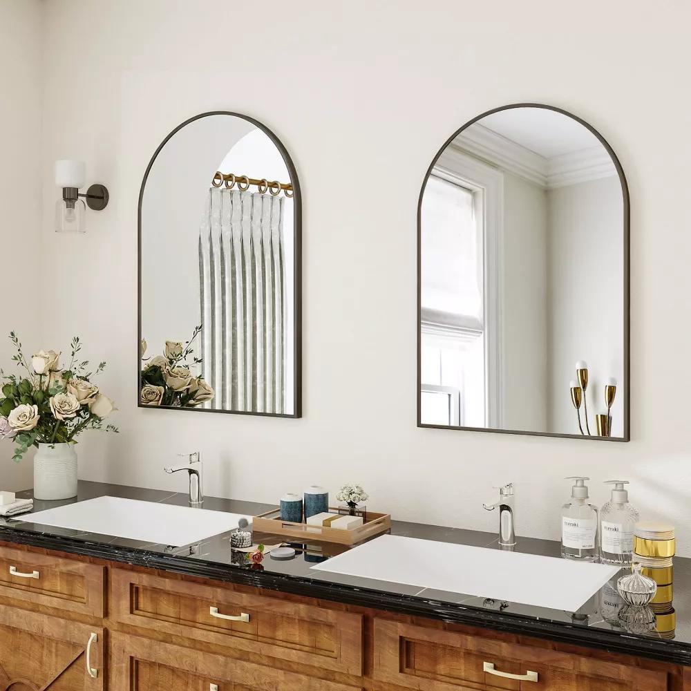BEAUTYPEAK 16"x24" Arched Bathroom Mirror Vanity Wall Mounted Mirror, Black