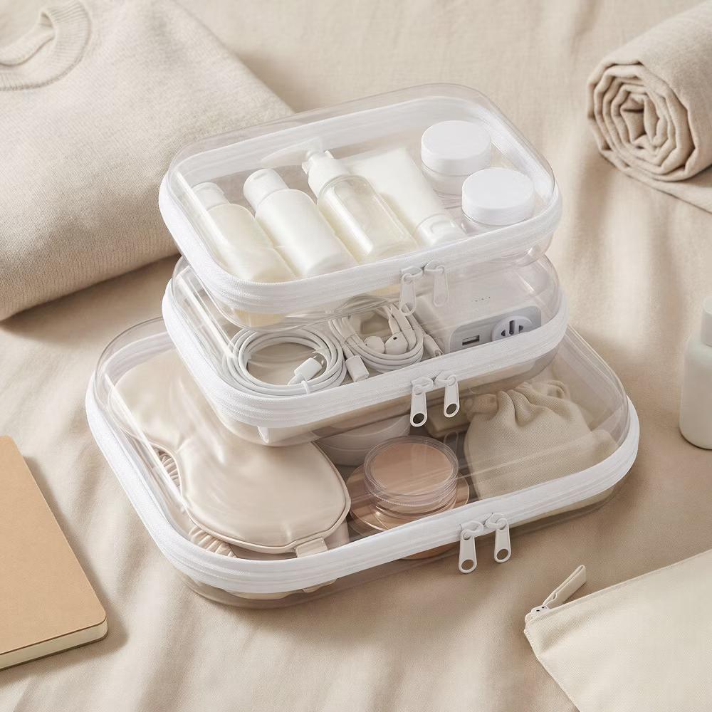 Transparent Hard Shell Zipper Case, Clear Travel Storage Organizer for Toiletries, Makeup, and Cosmetics (Set of 3) - Image 2