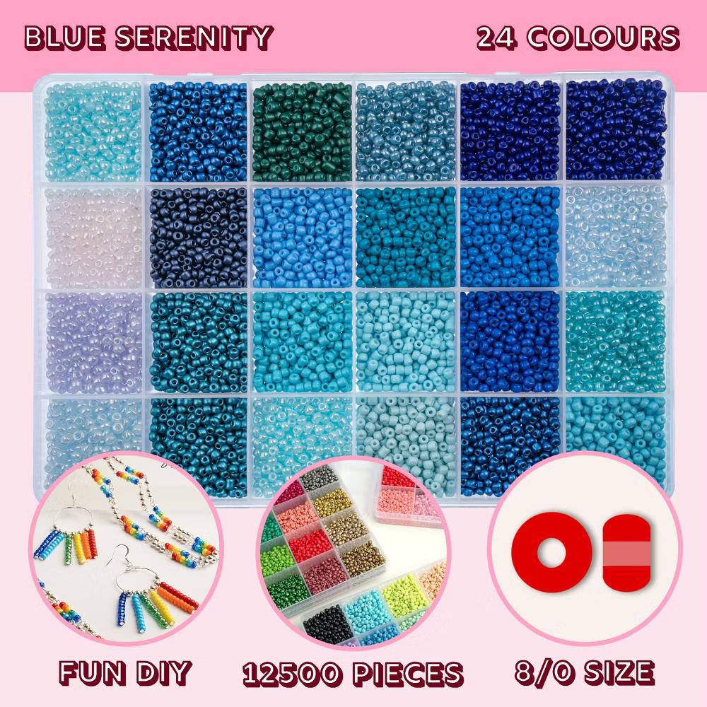 12500pcs Assorted Glass Seed Beads 8/0, 24 Colors Blue Serenity Palette Round Bead for DIY Crafts Jewelry Making Bead Box - Image 9