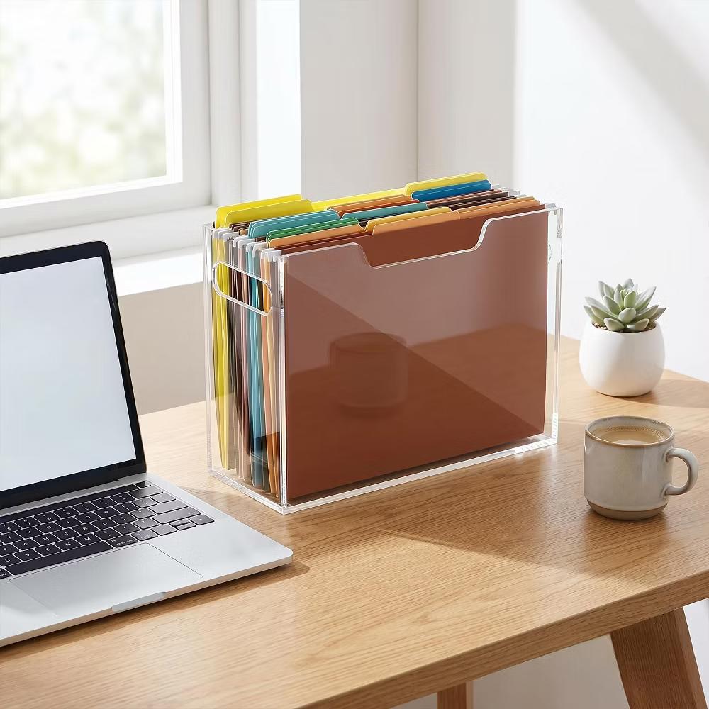 File Organizer Box for Letter Size Hanging Folders, Acrylic Desk File Holder with Portable Handle, Clear Modern Document Storage Rack for Office - Image 26