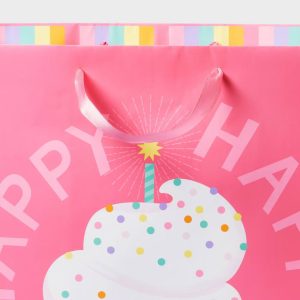 Large Square 'Happy Happy Birthday' Cupcake Gift Bag Pink - Pink, Paper, 15"x15"x10", Large, Gender Neutral