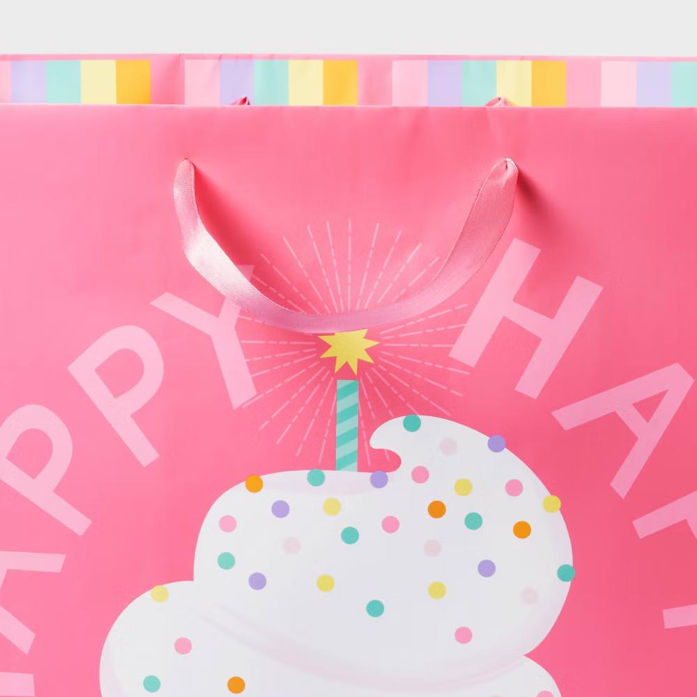 Large Square 'Happy Happy Birthday' Cupcake Gift Bag Pink - Pink, Paper, 15"x15"x10", Large, Gender Neutral