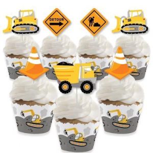 Dig It - Construction Party Zone - Cupcake Decor - Baby Shower or Birthday Party Cupcake Wrappers and Treat Picks Kit - Set of 24