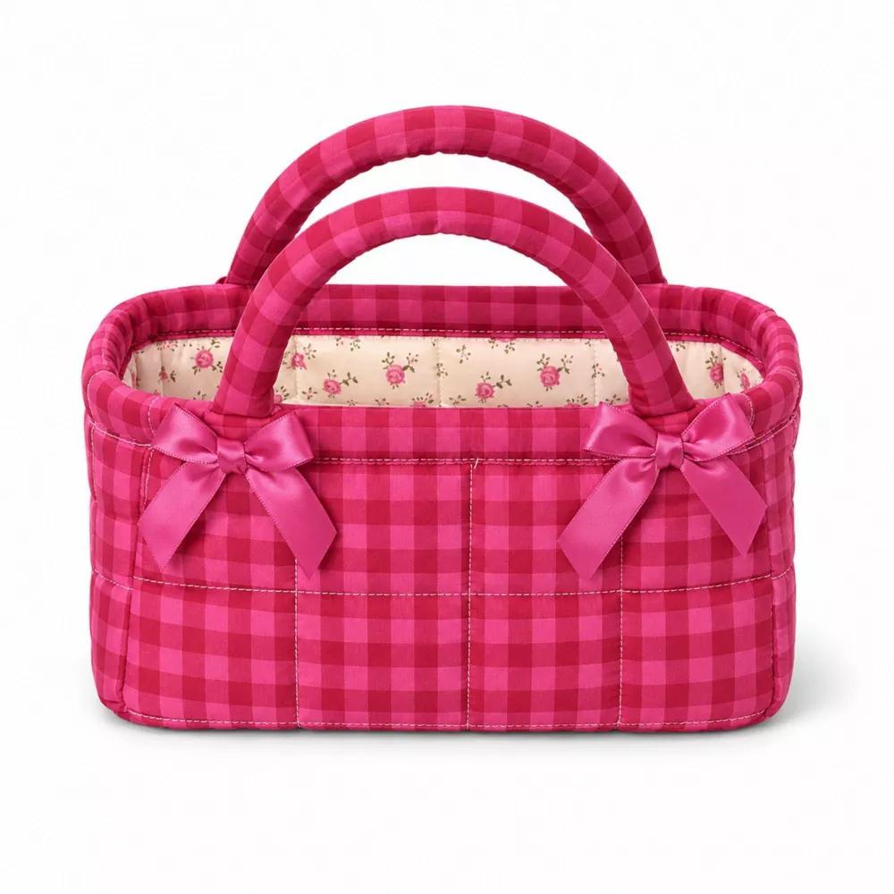 Quilted Gingham Storage Caddy with Handles Bow Accent for Makeup Vanity Dorm Bathroom Organizer