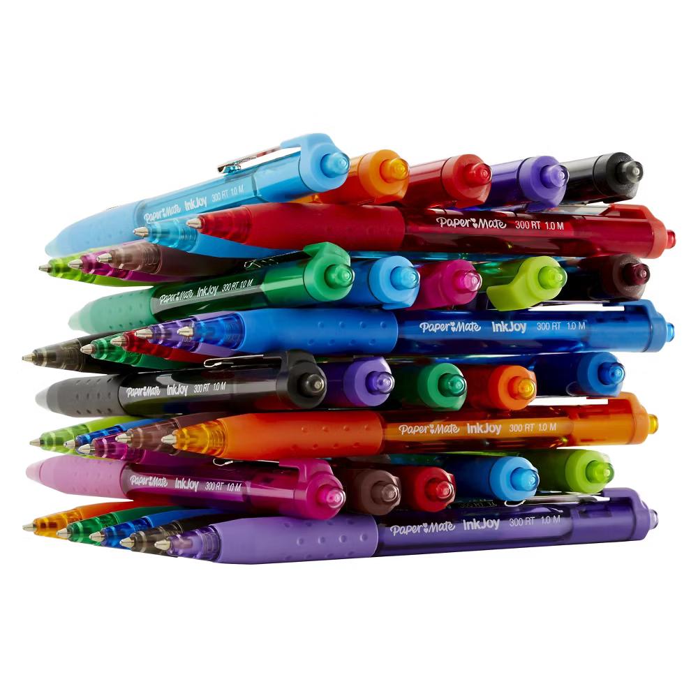 Paper Mate Ink Joy 300RT 8pk Ballpoint Pens 1.0mm Multicolored: Retractable, Quick Drying, Rubber Grip, Colorful Ink