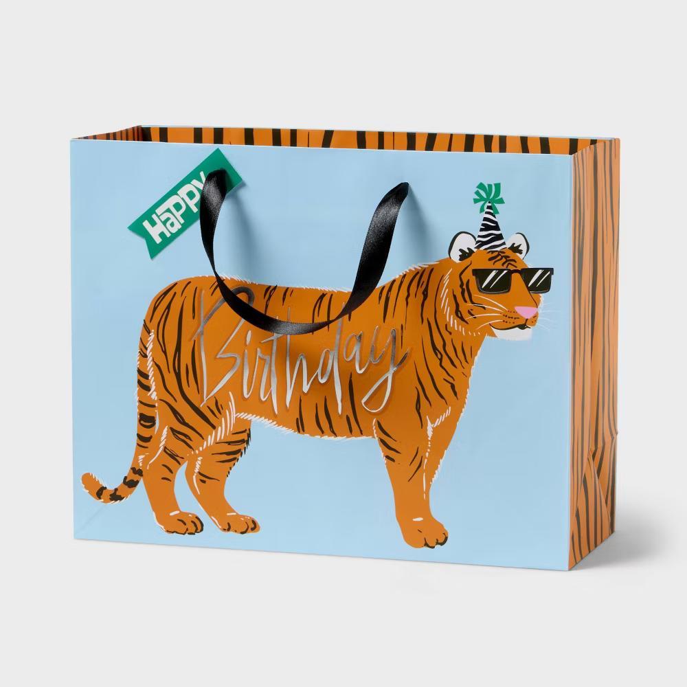 Medium Tiger 'Happy Birthday' Gift Bag with Tag Blue/Orange - Image 2