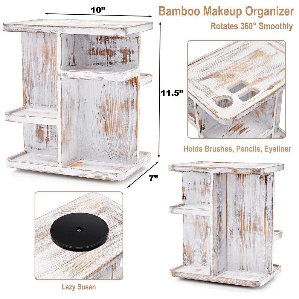 360° Bamboo Rotating Makeup Organizer - Multi-Function Storage Carousel stores Cosmetics, Skin Care, and more - Image 4